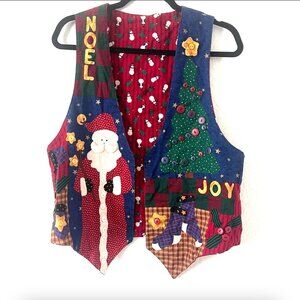 VTG 90s Ugly Christmas Vest Sz L Quilted Handmade Santa Grandma Holiday Cottage